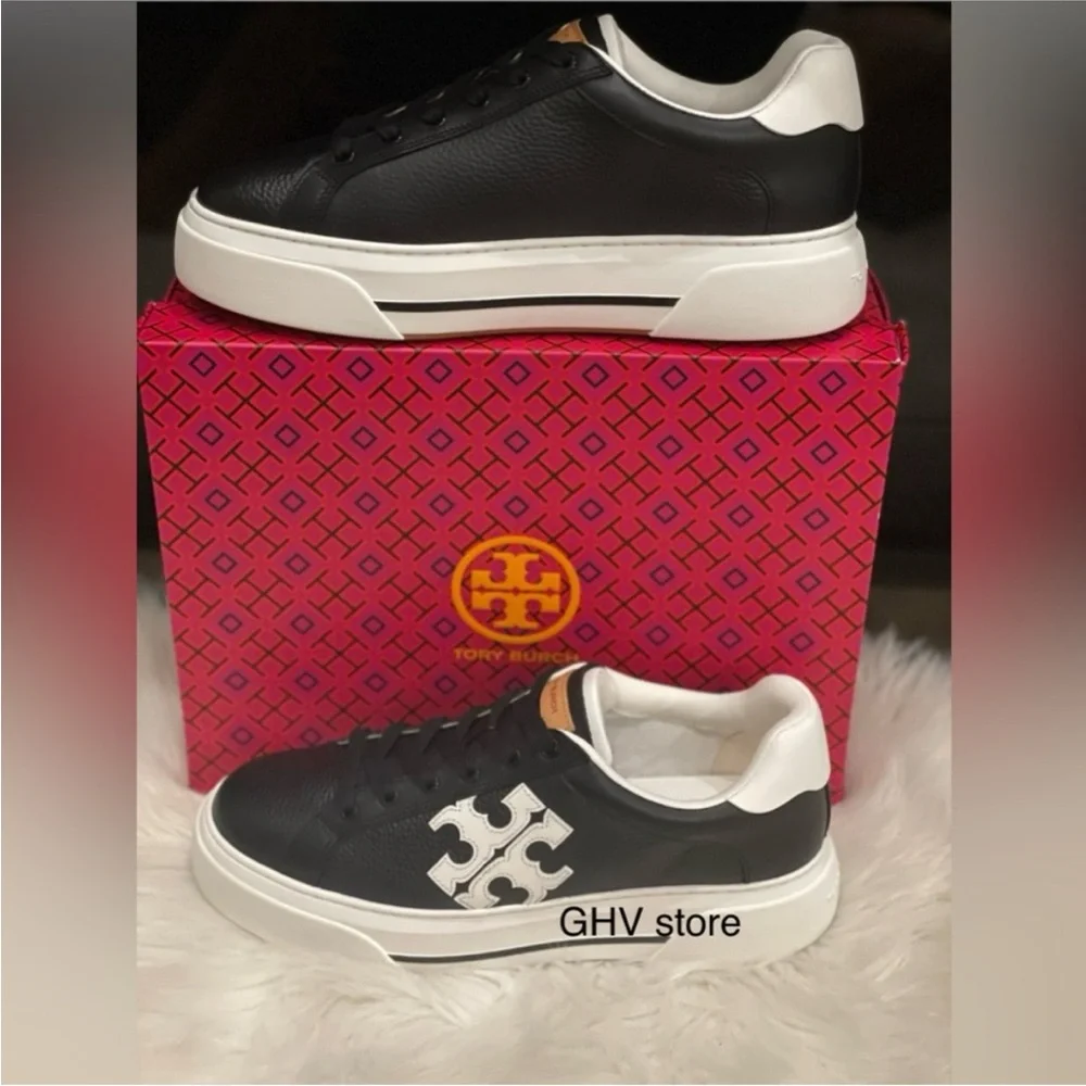 Tory Burch Black and White Leather Logo Sneakers